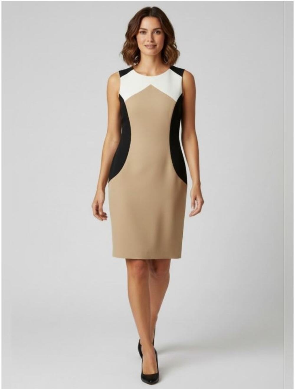 Classic DressBarn Colorblock Black Tan White Sheath Midi Dress Women's Size 8